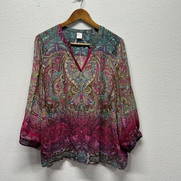 Bila Multicolor Paisley Beaded Sequin Semi Sheer Top Women's Size XL - Picture 1 of 15